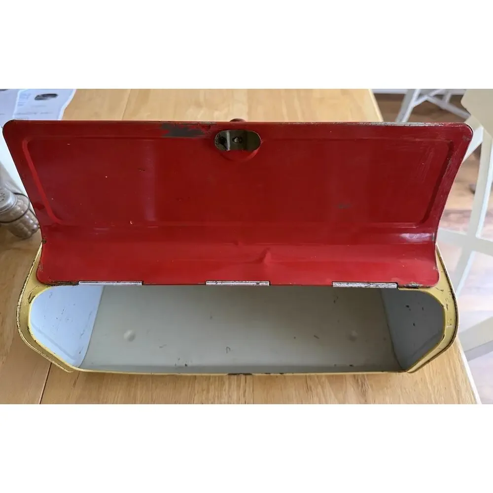 Vintage‎ Decoware Metal Bread Box w/Yellow Lattice Pattern W/Cherry motif